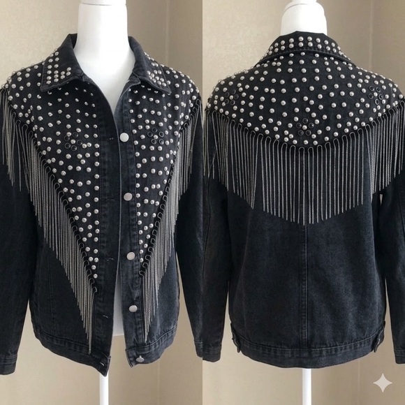 Jackets & Blazers - Embellished Rodeo Jean Jacket Studs & Chain Fringe Statement Jacket size XL